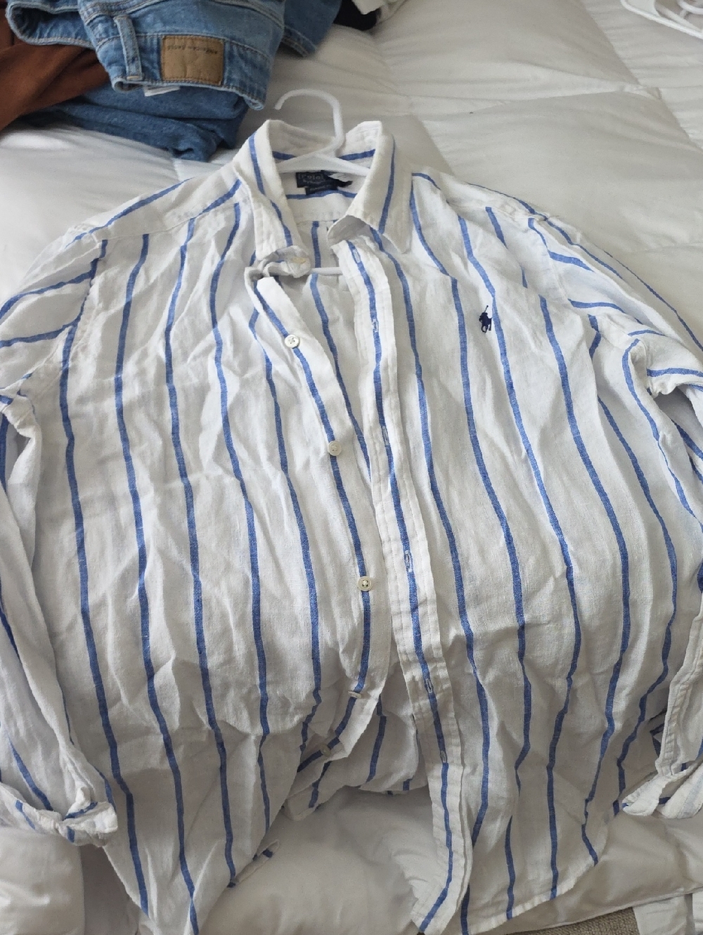 Womens Polo by Ralph Lauren White Linen Shirt with Blue Stripes